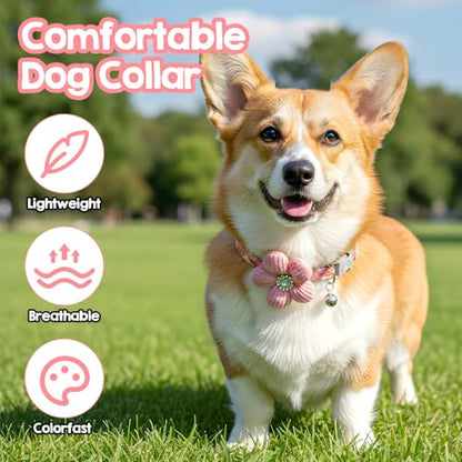 Small Dog Collar with Flower, Puppy Collar for Girl Dog Collars for Small Dogs Cute Collars with Bell, Adjustable Length Neckband (Pink)