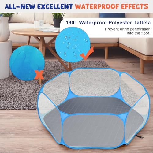 Pawaboo Small Animals Playpen with Pad, Waterproof Small Pet Cage Tent with Reusable Pad, Portable Outdoor Yard Fence for Chick/Kitten/Puppy/Guinea Pig/Rabbits/Chinchillas, Blue+Gray - color: Blue+Gray