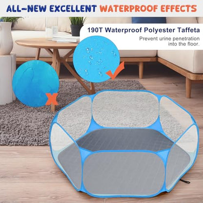 Pawaboo Small Animals Playpen with Pad, Waterproof Small Pet Cage Tent with Reusable Pad, Portable Outdoor Yard Fence for Chick/Kitten/Puppy/Guinea Pig/Rabbits/Chinchillas, Blue+Gray - color: Blue+Gray
