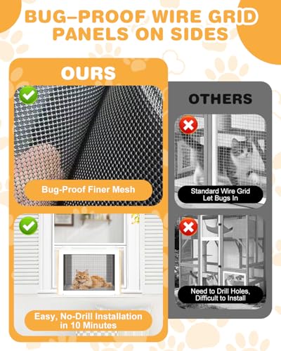 Cat Window Box, Wooden Outdoor Catio Window Enclosure with Clear Acrylic Roof & Bug-Proof Mesh, Universal Cat Window Perch with PVC Curtain for Sunbathing & Napping, Fits Vertical Windows 25"–43" W