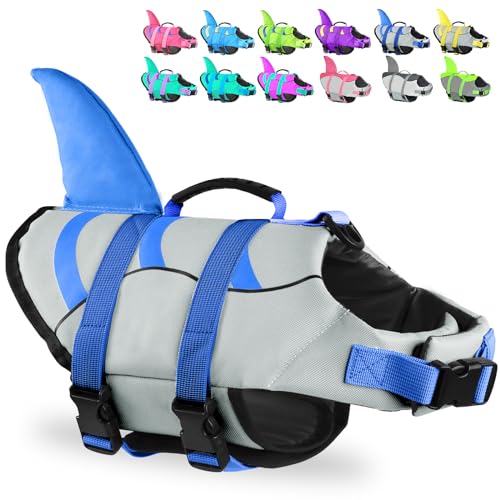 Dog Life Jacket Shark, Dog Life Vest Adjustable Ripstop, Dog Swimming Safety Vest with Superior Buoyancy & Rescue Handle for Small Medium Large Dogs, Swim, Pool, Beach, Boating - color: Grey-Wave Shark, size: X-small