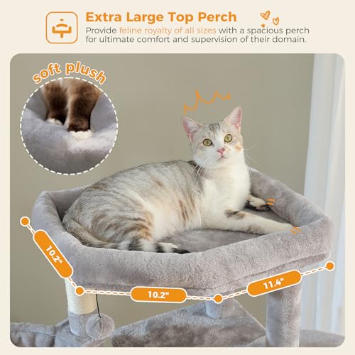 71.2 Inches Tall Cat Tree for Large Cats, Multi-Level Cat Tower with 2 Cozy Condos, Super Large Top Perch, 3 Hammocks, Sisal Scratching Posts and 2 Pompoms, Grey - color: Grey, size: 71.2 Inches