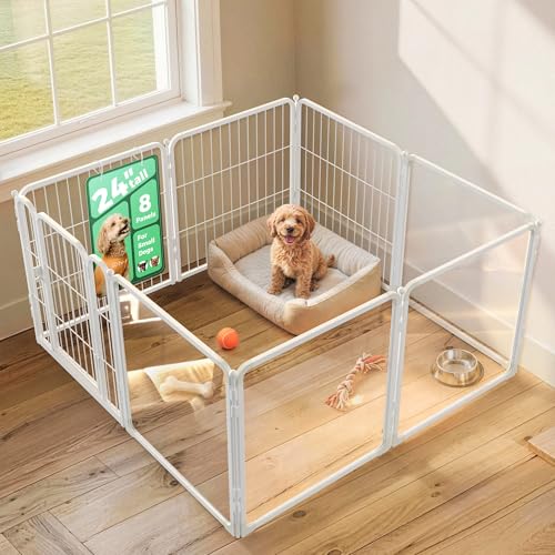FXW AuraSpace Pro Acrylic & Wire Mesh Indoor Dog Playpen, 24" Height 8 Panels Metal Dog Pen for Puppies & Small Dogs, White│Patented - color: White, size: 24"H