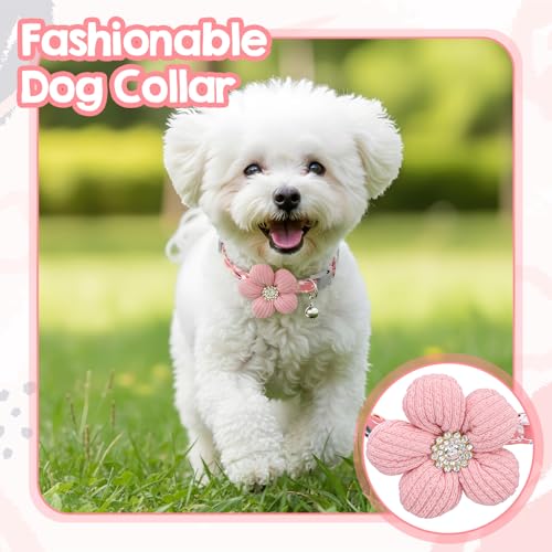 Small Dog Collar with Flower, Puppy Collar for Girl Dog Collars for Small Dogs Cute Collars with Bell, Adjustable Length Neckband (Pink)