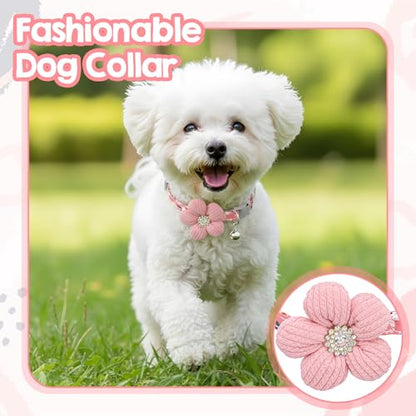 Small Dog Collar with Flower, Puppy Collar for Girl Dog Collars for Small Dogs Cute Collars with Bell, Adjustable Length Neckband (Pink)