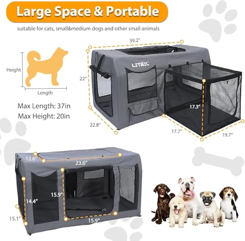 Extra Large Dog Crate for Large&Medium Dogs, Portable Dog Travel Crate for Multi-Cat Families & Small Dog Owners, Puppies, 39 Inch Foldable Portable Pet Crate with 600D Oxford for Outdoor Kennel