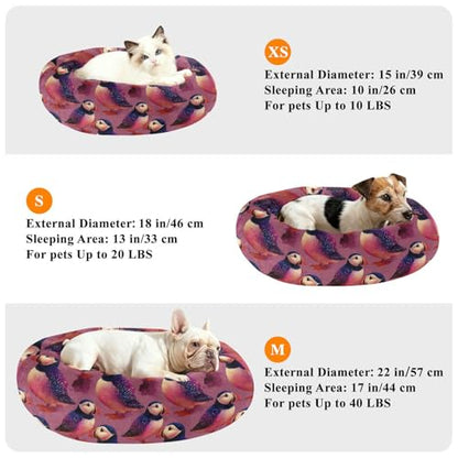 Calming Donut Dog Bed Puffins Purple Design, 22" Washable Pet Lounger with Removable Cover, Cozy Cushion Comfort Nest for Medium Dogs - size: Medium