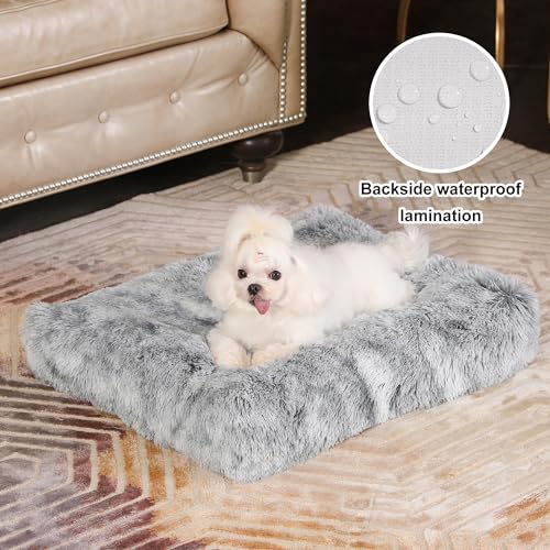 Bedfolks Waterproof Crate Bed, Plush Dog & Cat Bed with Removable Washable Cover, Faux Fur Kennel Pad, 21"x13", Dark Grey - color: Dark Grey, size: X-Small(21x13'')