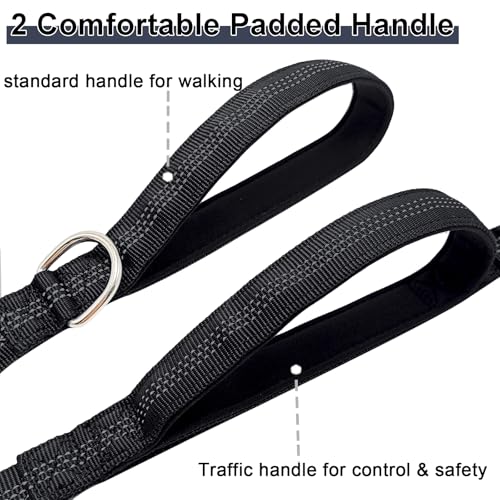 5FT Bungee Dog Leash with 2 Handles, Reflective Strong Nylon Traffic Leash, Shock Absorbing Lead for Large Medium Dogs Walking Training Controlling, Black - color: Black