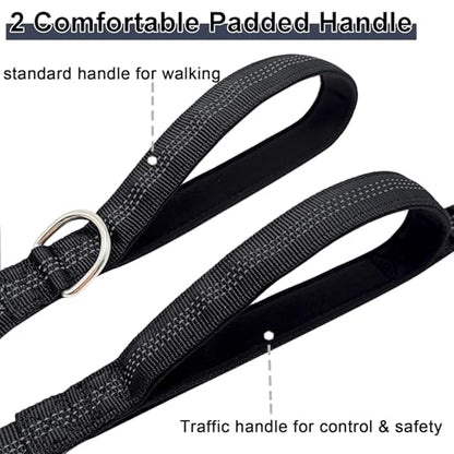5FT Bungee Dog Leash with 2 Handles, Reflective Strong Nylon Traffic Leash, Shock Absorbing Lead for Large Medium Dogs Walking Training Controlling, Black - color: Black