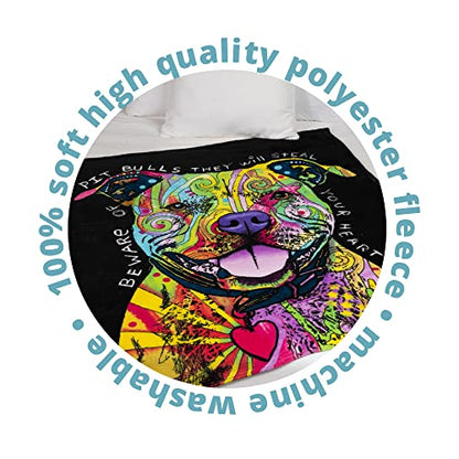 Dawhud Direct 50 x 60 Inch Pitbull Fleece Blanket Throw with Dean Russo Dog Art - Soft and Colorful Pitbull Blankets for Adults, Kids, Bed Couch Sofa Travel - Thoughtful Gift for Dog Lovers - color: Dean Russo Beware of Pit Bulls They Will Steal Your Hear