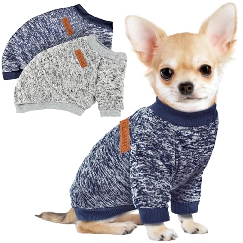 2 Pcs Dog Sweaters for Small Dogs Girl Boy Winter Fleece Clothes Warm Soft Dog Sweatshirt Outfit for Dogs Cats Pet Apparel - color: Grey+Navy Blue, size: S (Back: 11.8", Chest: 15.7", 5.5-10 lbs)