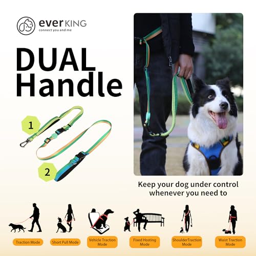 ‌EVERKING 6ft Hands-Free Dog Leash - 6-in-1 Adjustable with 360° Rotating Buckle, Night Reflective & Shock Absorbing for Large/Small Dogs (Up to 120lbs) (Green) - color: Green