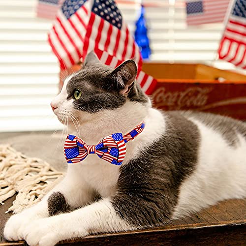 4th of July Cat Bow Tie Collar with Bell, Independence American Holiday Kitty Kitten Patriotic USA Flag Collars for Boys Girls Male Female Cats - color: Pattern 2