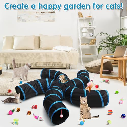 Poen 21 Pcs Cat Tunnel for Indoor Set Collapsible 5 Way Tubes with 20 Pcs Cat Kitten Toys Interactive Feather Toy Mouse Crinkle Balls Tube for Puppy Kitten Rabbit(Blue Black) - color: Blue Black