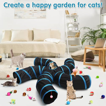 Poen 21 Pcs Cat Tunnel for Indoor Set Collapsible 5 Way Tubes with 20 Pcs Cat Kitten Toys Interactive Feather Toy Mouse Crinkle Balls Tube for Puppy Kitten Rabbit(Blue Black) - color: Blue Black