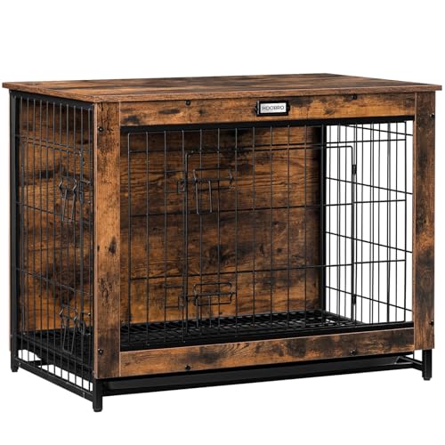 HOOBRO Dog Crate Furniture, 32.5" Medium Dog Kennel Indoor, Wooden Cage with Pull-Out Tray, Double Doors Pet House Side End Table for Medium/Small Dogs, Rustic Brown BF802GW03G1 - color: Rustic Brown, size: 31.5”L x 21.7”W x 25.4”H