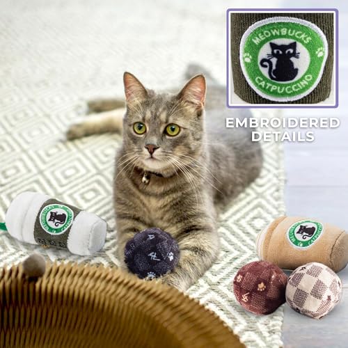 Haute Diggity Kitty Meowbucks Catpuccino Set, Plush Cat Toys Catnip Filled with Interactive Crackle Sound, Safe & Durable Toys for Cat & Kitten, 2 Pcs - style: Meowbucks Duo