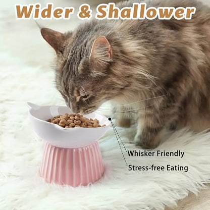 Ceramic Raised Cat Bowl，Tilted Raised Bowl Anti Vomit for Indoor Cats Whisker Friendly Pet Feeder for Cats Puppies, Microwave and Dishwasher Safe (Blue) - color: Pink