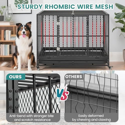 42 Inch Heavy Duty Dog Crate, Folding Dog Kennel for Medium/Small Dogs, Metal Dog Cage with Lockable Wheels, Dual Locks, Removable Tray, Easy Assembly - size: 42.1"L x 27.6"W x 32.3"H