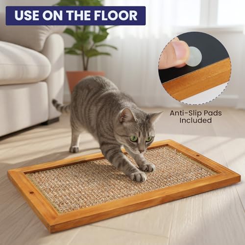 Wooden Sisal Cats Wall Scratcher, Floor or Wall Mounted Cat Scratching Mat, Durable Cat Scratch Pads for Indoor Cats, Framed Sisal Scratch Pad Mat, Wall Cat Scratching Post for Furniture Protector - size: Large