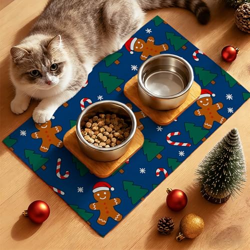 HOMETITUTE Fun Gingerbread Pattern Xmas Pet Placemat Holiday Pet Mat for Food and Water Bowls Spill-Proof Area Pad for Pet Feeding Spaces Easy Clean Mat for Cats Kittens & Small Dogs 20" x 12" - color: brown