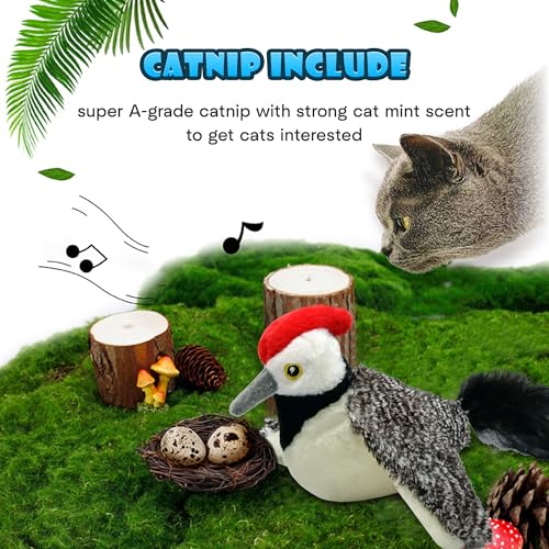 Cat Toys, Flapping Wings Woodpecker, No Flying, Chirping Bird Interactive Catnip Toy for Kitten or Small Dogs, Touch Activated, Rechargeable - color: Big Woodpecker