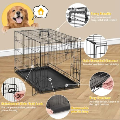 Dog Crate Kennel, 42 Inch Metal Pet Cage Double Door W/Divider Panel, Folding Travel Indoor Outdoor Dog Kennel Leak-Proof Plastic Tray Wire Animal Cage - size: 42.13"L x 26.77"W x 28.74"H