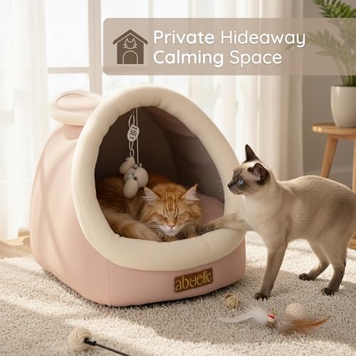 Cat Bed Cave with Hanging Plush – Covered Pet House Tent, Cat Caves for Indoor Cats and Kittens, Soft, Foldable & Cozy Hideaway Hut - Dome Shaped Igloo Bed with Washable Cushion (Medium) - size: Medium
