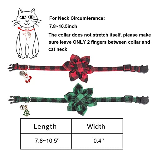 ADOGGYGO Christmas Cat Collars with Flower Bell, 2 Pack Breakaway Cat Christmas Collar with Removable Floral, Red Green Plaid Flower Collars for Cats (Red&Green-2) - color: Red&Green