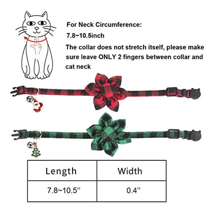 ADOGGYGO Christmas Cat Collars with Flower Bell, 2 Pack Breakaway Cat Christmas Collar with Removable Floral, Red Green Plaid Flower Collars for Cats (Red&Green-2) - color: Red&Green