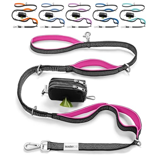 Heavy Duty Dog Leash for Large Dogs – 6FT Reflective Bungee with Padded Handles, Strong Carabiner Clip, No Pull Control for Medium & Large Breeds, Includes Poop Bag Holder & Treat Pouch (Hot Pink) - color: Hot Pink