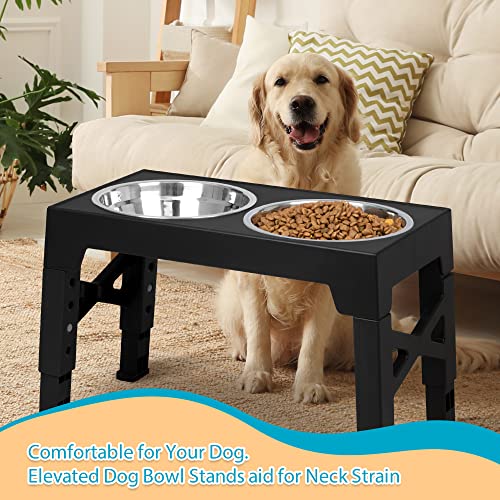 Niubya Elevated Dog Bowls with 2 Stainless Steel Dog Food Bowls, Raised Dog Bowl Adjusts to 5 Heights (3.15", 8.66", 9.84",11.02", 12.2") for Small Medium and Large Dogs - color: Black