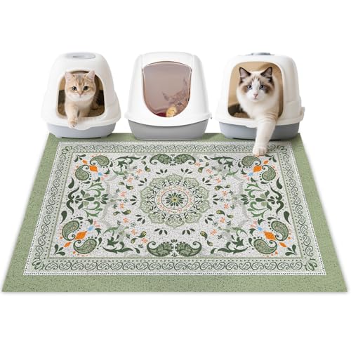 Cat Litter Mat 40" x 30" Non-Slip Litter Box Mat Washable Litter Catcher Mat for Litter Box Indoor Food Mat Supplies Essentials, Green Mandala - color: Green Mandala, size: 40X30in