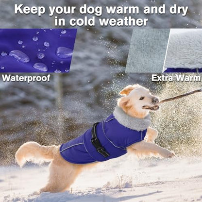 Lelepet Warm Dog Winter Coat Waterproof Dog Jacket with Adjustable Buckle & Leash Hole Reflective Pet Fleece Snowsuit Turtleneck Windproof Cold Weather Coats, Blue, XL - color: Blue, size: XL