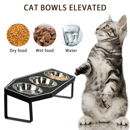 Gothic Cat Food Bowls Elevated, Raised Cat Bowls for Indoor, Non-Slip Stand & Wood Board, Stainless Steel and Whisker Friendly Food Bowls (Cat Bowl*3) - size: Cat Bowls x3