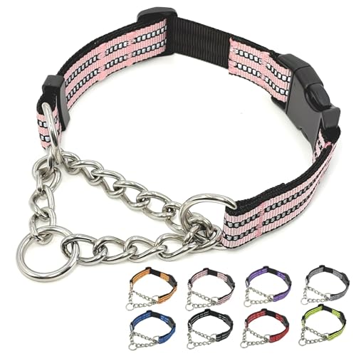 Martingale Dog Collars, Reflective Nylon Collar with Stainless Steel Chain, Adjustable Walking Training Dog Collars with Quick Release Buckle, Suitable for Small Medium Large Dogs(Pink,XL) - color: Pink, size: Extra Large-(dog's neck 20~25.5inches)