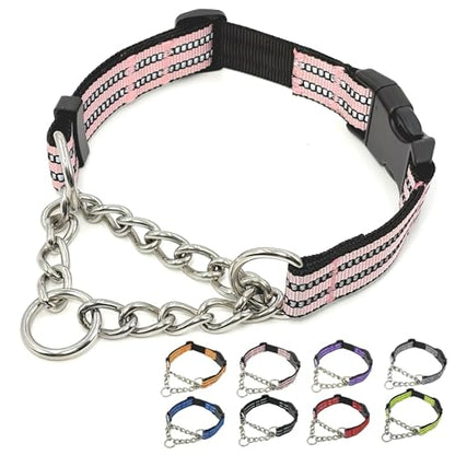 Martingale Dog Collars, Reflective Nylon Collar with Stainless Steel Chain, Adjustable Walking Training Dog Collars with Quick Release Buckle, Suitable for Small Medium Large Dogs(Pink,S) - color: Pink, size: Small-(dog's neck 10~13.5inches)