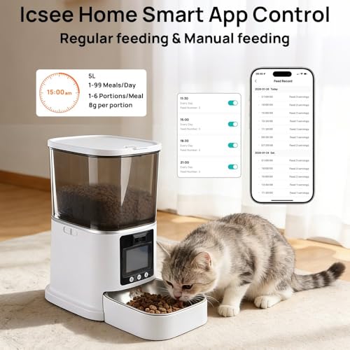 5L Automatic Cat Feeder with Camera, Two-Way Video 3MP HD & Audio, 5G WiFi Automatic Dog Feeder with Night Vision, Cat Food Dispenser with Dog Food Container for Multiple Pets (White, 5L) - color: White