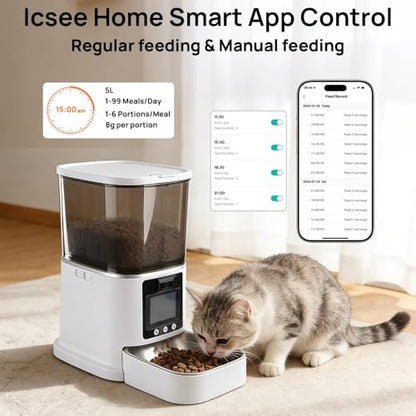 5L Automatic Cat Feeder with Camera, Two-Way Video 3MP HD & Audio, 5G WiFi Automatic Dog Feeder with Night Vision, Cat Food Dispenser with Dog Food Container for Multiple Pets (White, 5L) - color: White