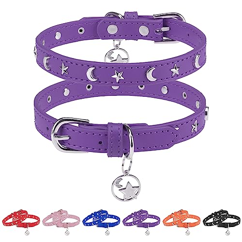 Leather Dog Collar for Puppy Small Medium Dogs, Adjustable Star Moon Rivet Studded Pet Collars with Rust-Proof Metal Buckle and Charms, Dog Collars for Boy and Girls, Size 12-15" Purple - color: Purple, size: Small/Medium (12"-15", Pack of 1)