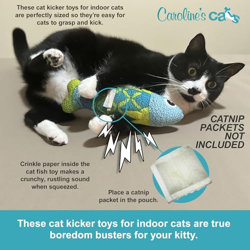 Caroline's Cats Refillable Catnip Pouch Cat Kicker Toys with Crinkle Sound Inside, Interactive Fish Toy for Cats, Plush Indoor Cat Nip Kitty Kick Sticks, Comfort Pillow for Kittens, 9.5 Inches