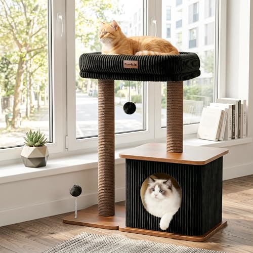 Modern Cat Tree for Indoor Cats, Nordic Loft Style, Wooden Cat Tower with Sisal Scratching Posts, Soft Padded Beds & Cozy Condos, Floor-Mounted for Kittens & Adult Cats - color: Walnut, size: Large