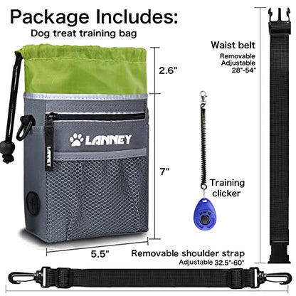 Dog Treat Pouch - 3 Ways to Wear Dog Treat Bag, Dog Training Treat Pouches for Pet Training with Clicker, Shoulder Strap, Adjustable Belt, Poop Bag Dispenser, Easily Carrying Kibble Snacks Pet Toys - color: Pouch(Gray with Green)+Clicker