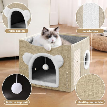 Cat House for Indoor Cats, Large Cat Bed Cave with Scratch Pad and Fluffy Ball, Foldable Cat Hideaway Condo, Kitten Bed, 16x16x13inch (Khaki, Large) - color: Khaki
