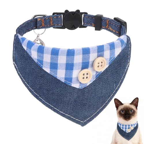 SCENEREAL Breakaway Cat Collar with Bandana Bell, Cute Cat Bandana Collar with Removable Bow Tie for Cats Puppy Kittens Small Dogs, Blue Plaid - color: Blue Plaid
