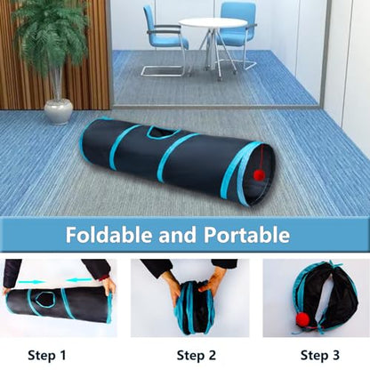 Cat Tunnel Tube Toys，Tunnels for Indoor Cats, 2 Way Blue Collapsible Interactive Toy with Balls for Rabbits, Kittens, Ferrets, Puppy - color: 2 Way Black Blue