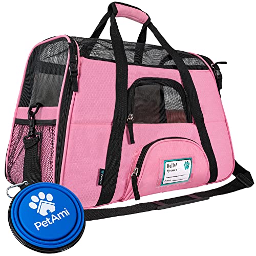 PetAmi Airline Approved Pet Carrier for Cats & Small Dogs, Soft Sided TSA Travel Carrier Bag with Sherpa Bed, Breathable Mesh Ventilation, Collapsible Bowl, Fits Under Seat, Up to 18 lbs, Large Pink - color: Pink, size: Large - 19.5"L x 10.2"W x 12"H