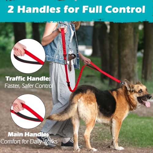 Heavy Duty Tactical Dog Leash, 5 FT Bungee Shock Absorption Leash with 2 Padded Handles, Quick Release Metal Clip, Car Seatbelt, No Pull Training Lead for Large Medium Dogs（Red） - color: Red