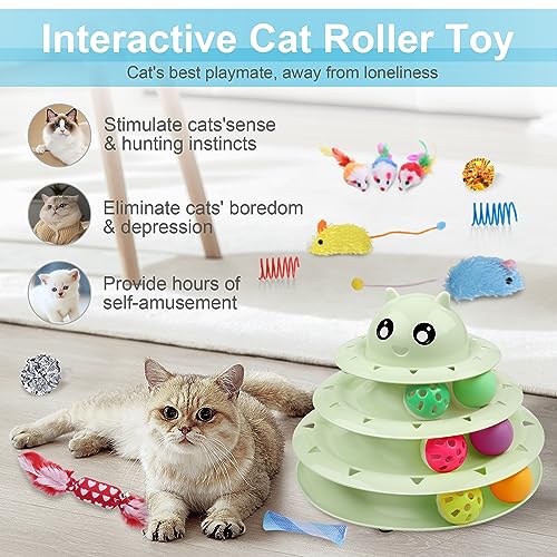 UPSKY 24 PCS Cat Toys, 3-Level Turntable Kitten Toys Set, Interactive Cat Roller Toys for Indoor Cats, Catnip Toys, Cat Teaser Toys, Mice Toys, Spring Toys, Various Ball Toys for Kitty - color: D-24PCS-Fruit Green
